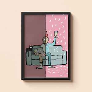 May include: A framed art print featuring a whimsical illustration. The artwork depicts a person sitting on a couch, holding a wine glass and a laptop. A black cat sits beside them. The background is split, with one side burgundy and the other pink with white accents.