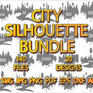 City Silhouette Bundle, City Silhouette designs, City Silhouette SVG, printable, editable, recolorable, 140 files, SVG, PNG, jpg