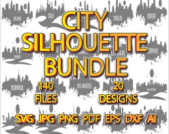 City Silhouette Bundle, City Silhouette designs, City Silhouette SVG, printable, editable, recolorable, 140 files, SVG, PNG, jpg