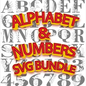 May include: A digital download of an alphabet and numbers SVG bundle. The letters and numbers are in a bold, 3D style with a yellow outline and red fill. The background is white with a pattern of grey letters and numbers with floral accents.