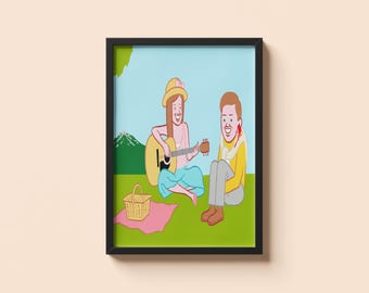 Scène de pique-nique avec guitare Joan Cornella • Poster cadeau humour sombre et absurde • Impression illustration satirique surréaliste • Décoration murale audacieuse et provocante