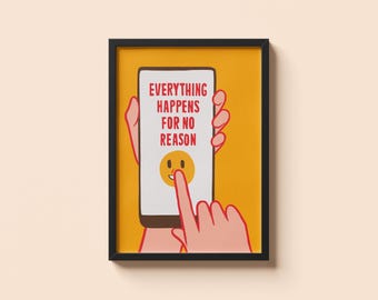 Joan Cornella, tout se passe sans raison • Poster cadeau citation ironique • Impression d'illustration absurde surréaliste • Décoration murale satire minimale