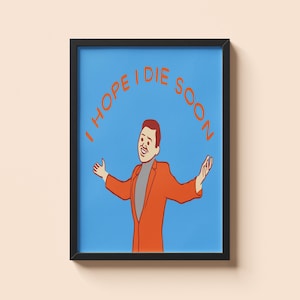 Joan Cornella - Jag hoppas att jag snart dör scen • Brutalt existentiellt gåvokonstverk • Absurd nihilismparodi • Mörk ironisk konst • Mörk humor väggkonst