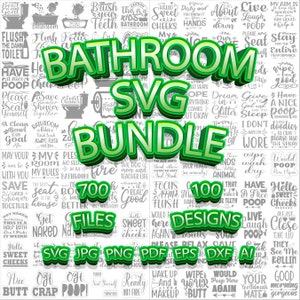 以下が含まれることがあります： 緑と白のグラフィックデザインで、大きな緑色の文字で「Bathroom SVG Bundle」と書いてあります。デザインには、700個のファイルと100個のデザインが含まれています。「SVG JPG PNG PDF EPS DXF AI」というテキストもデザインに含まれています。