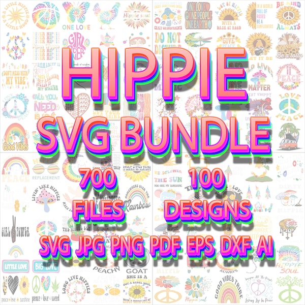 Hippie bundel, SVG, PNG, JPG, PDF, DXF, EPS, AI-formaten, Hippie citaten, Hippie ontwerpen, illustraties, afdrukbaar, bewerkbaar, Hippie graphics