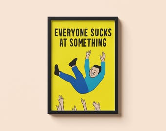 Joan Cornella, tout le monde est nul • Poster citation sarcastique sombre • Impression d'illustration satirique minimale • Décoration murale jaune vif