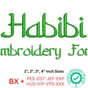 Elegant Habibi Script Embroidery Font – BX Format - Elegant and flowing script font embroidery design - 4 Sizes - 8 Formats