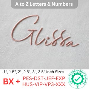 May include: A close-up of the embroidered name "Glissa" in a cursive script, stitched in a light pink thread on a white fabric. The image includes text indicating available sizes from 1 to 3.5 inches. The text "A to Z Letters & Numbers" is at the top.
