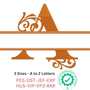 Flourish Split Monogram Embroidery Font | Elegant A-Z Letters with Swirl Details | 3 Sizes