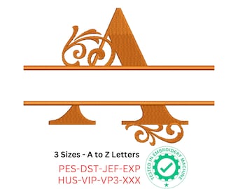 Flourish Split Monogramm Stickschrift | Elegante A-Z-Buchstaben mit wirbelnden Details | 3 Größen