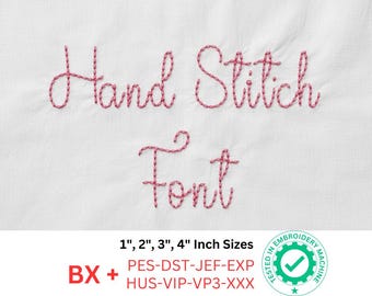 Hand Stitch Embroidery Font - hand-stitched look | BX + 8 Formats | 1", 2", 3", 4" Sizes | Machine Embroidery Design