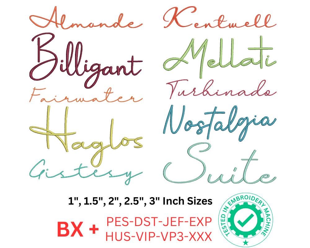 10 Embroidery Script Font Bundle, Alphabet Embroidery Pattern, 5 Size ...