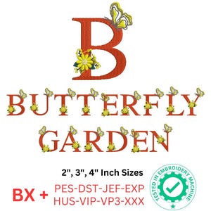 Fonte de bordado de jardim de borboletas, letras de bordado de borboletas, alfabeto de bordado de jardim BX, 3 tamanhos, download instantâneo