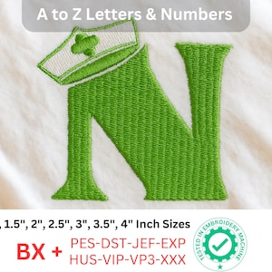 May include: Embroidered green letter "N" with a nurse's cap, part of an alphabet set. Sizes range from 2.5 cm to 10 cm. The text "A to Z Letters & Numbers" is at the top.