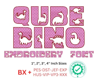 QUE DINOS Embroidery Font, Playful Dinosaur Design Alphabet Letters - BX Format - 4 Sizes - 8 Machine Formats