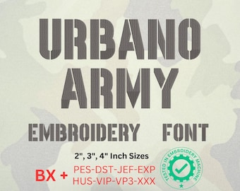 Fonte para bordado à máquina estilo militar, letras militares para bordado à máquina, letras militares em negrito para patches e vestuário, 3 tamanhos, BX, 8 formatos.