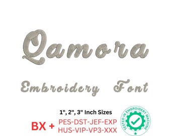 Qamora Embroidery Font - Uppercase, Lowercase, Numbers | 1&quot;, 2&quot;, 3&quot; Sizes | BX and 8 Formats | Machine Embroidery Design