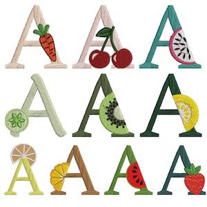 May include: A collection of eleven embroidered letter A patches, each featuring a unique fruit or vegetable motif. Designs include a carrot, cherries, dragon fruit, lime, kiwi, lemon, orange slice, watermelon slice, and a strawberry in various colors.