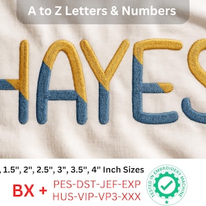 May include: Embroidered word "HAYES" in gold and blue thread on a cream fabric. The text "A to Z Letters & Numbers" is at the top. Sizes available: 2.5 cm, 3.8 cm, 5 cm, 6.4 cm, 7.6 cm, 8.9 cm, and 10.2 cm.
