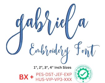 Elegant Gabriela Script Embroidery Font – BX Format - Elegant and flowing script font embroidery design - 4 Sizes - 8 Formats