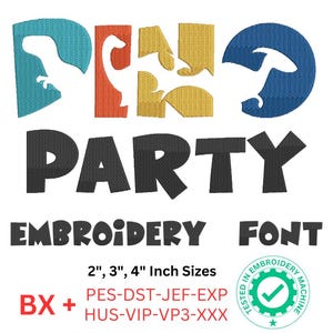 Borduurlettertype dinosaurusfeest, borduurlettertype dinosaurusthema, leuk dino-lettertypeontwerp voor kinderprojecten, verjaardagen, kinderdecoraties en -cadeaus, 3 maten