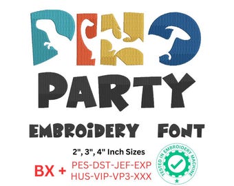 Dino Party Embroidery Font, Dinosaur-Themed Embroidery Font, Fun Dino font Design for Kids Projects, Birthdays, Kids Décor & Gifts, 3 Sizes