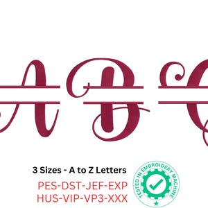 Elegante fuente de bordado de monograma dividido en espiral / Letras elegantes de la A a la Z para bordado a máquina / 3 tamaños
