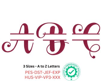 Elegant Swirl Split Monogram Embroidery Font | Fancy A-Z Letters for Machine Embroidery | 3 Sizes