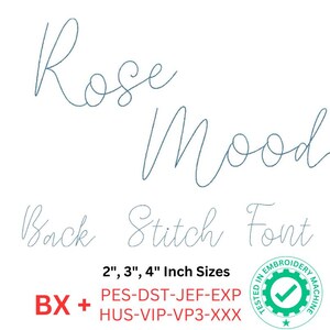 以下が含まれることがあります： 「Rose Mood」と書いてある筆記体フォントのデジタル刺繍デザインファイルです。デザインは2インチ、3インチ、4インチなど、複数のサイズでご利用いただけます。含まれるファイル形式は、PES、DST、JEF、EXP、HUS、VIP、VP3、XXXです。デザインは刺繍機でテスト済みです。