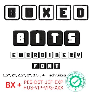 Fonte de bordado Modern Boxed Bits - Alfabeto de letras em bloco pixeladas para designs contemporâneos, perfeito para camisetas gráficas - Fonte BX, 8 formatos