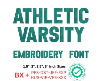Athletic Varsity Embroidery Font, Athletic Embroidery Bold Alphabet for Sportswear, BX font and 8 Formats, 4 Sizes
