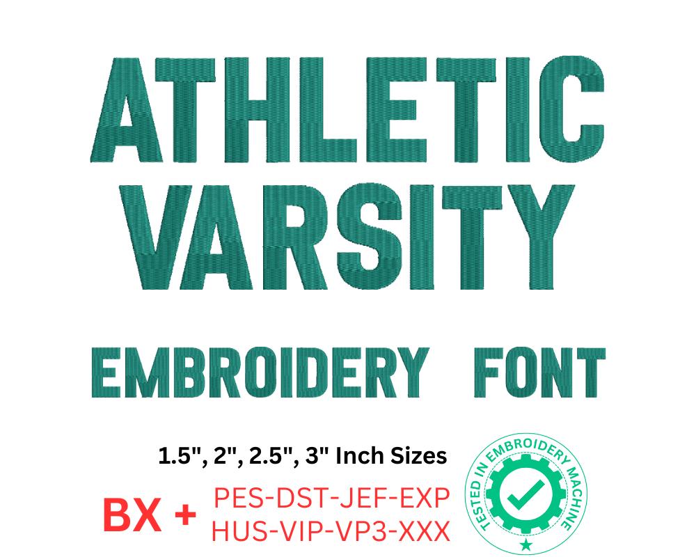 Athletic Varsity Embroidery Font, Athletic Embroidery Bold Alphabet for Sportswear, BX font and 8 Formats, 4 Sizes