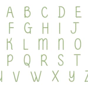 Op de afbeelding: Een volledig alfabet, van A tot Z, wordt weergegeven in een lettertype zonder schreef. Elke letter is gevormd uit kleine, lichtgroene, cirkelvormige vormen. De letters zijn gelijkmatig verdeeld tegen een effen witte achtergrond.