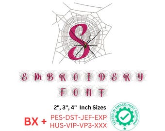 May include: Embroidery font design featuring the letter "S" in pink with a spider on a web. The font is available in 2, 3, and 4 inch sizes. The file formats include PES, DST, JEF, EXP, HUS, VIP, VP3, and XXX.