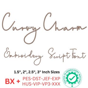Könnte beinhalten: Stickerei-Schriftart Carry Charm in Script, erhältlich in den Größen 1,5", 2", 2,5" und 3".  Enthält Stickdateiformate: PES, DST, JEF, EXP, HUS, VIP, VP3 und XXX. Getestet in einer Stickmaschine.