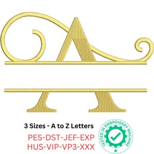 Fonte de bordado com monograma dividido em espiral | Letras elegantes do alfabeto de A a Z em 3 tamanhos | Arquivos de bordado à máquina