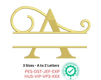Swirly Split Monogram Embroidery Font | Elegant A-Z Alphabet Letters in 3 Sizes | Machine Embroidery Files