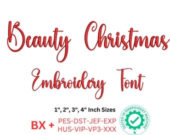 Beauty Christmas Script Embroidery Font | 1", 2", 3", 4" Sizes | BX & Machine Formats Included pes, dst, jef, exp, hus, vip, vp3, xxx