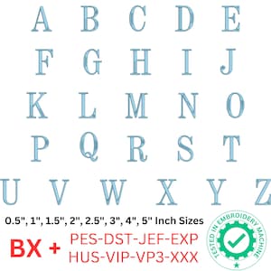 May include: A collection of light blue embroidered letters from A to Z, displayed in a grid. Sizes range from 0.5 to 5 inches. Includes the text "BX +" and file formats. A green seal reads "Tested in Embroidery Machine."