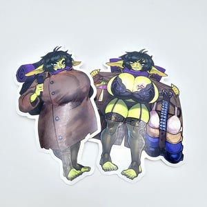 May include: Two stickers featuring a cartoon character with green skin, black hair, and a purple scarf. One sticker shows the character in a brown coat, the other in lingerie and a coat. The stickers have a white background.