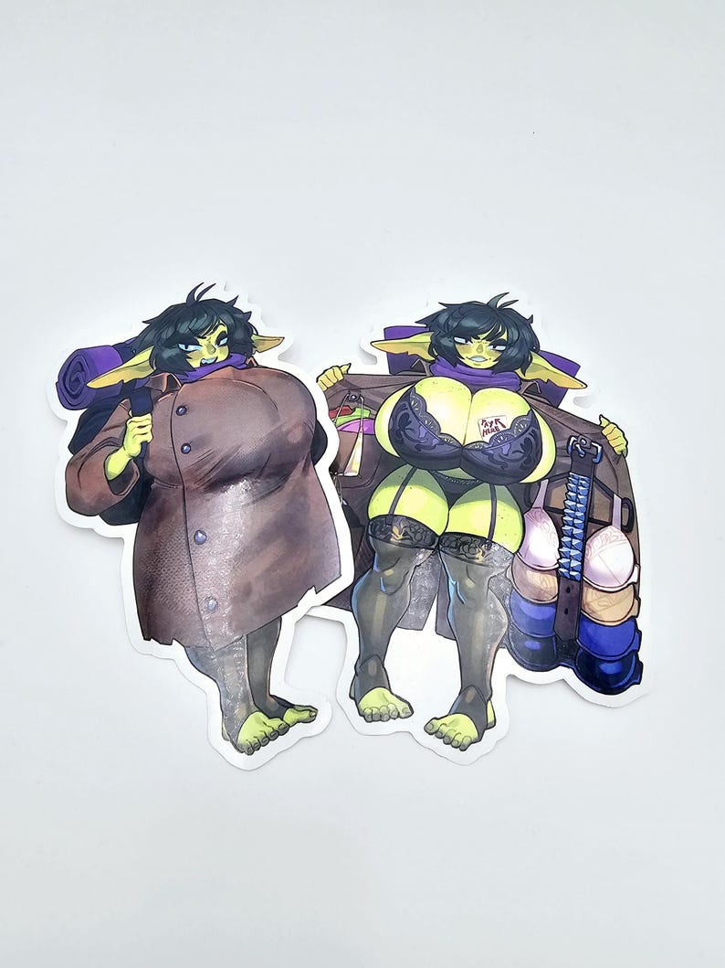 May include: Two stickers featuring a cartoon character with green skin, black hair, and a purple scarf. One sticker shows the character in a brown coat, the other in lingerie and a coat. The stickers have a white background.