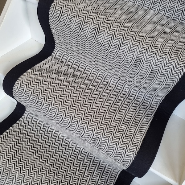 Black and White Herringbone Faux Sisal Carpet Stair Runner Black Cotton border