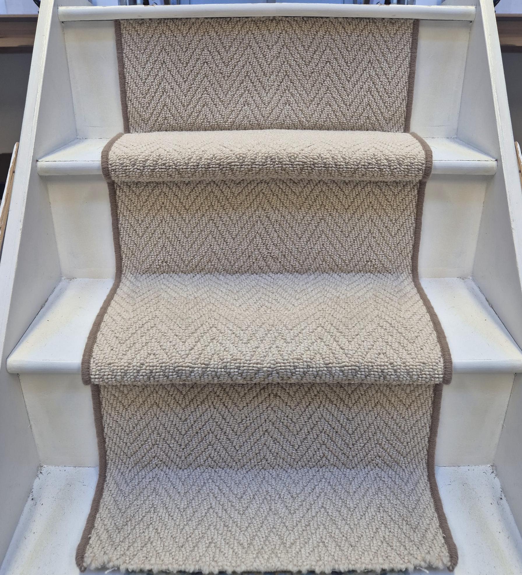 Herringbone stair runner, champagne cream beige with whipped edge