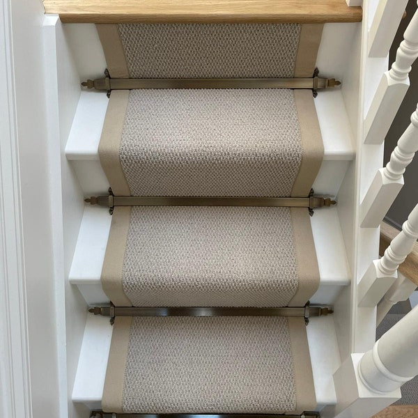 Beige wool carpet stair runner with caramel cotton border FREE DELIVERY