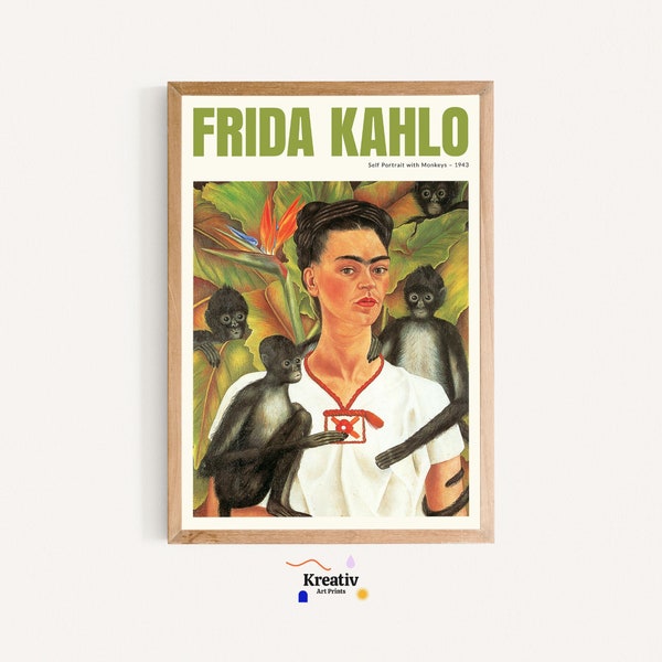 Frida Kahlo, downloadable art, printable wall art, monkey wall art, mexican art print, botanical wall art, tropical art, Gallery wall art