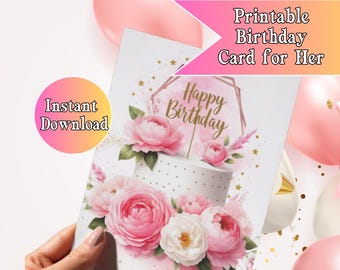 Birthday Cards For Her, Printable, Birthday cake, Digital Download, Happy Birthday Card, Cute Birthday Card, Celebrate, Instant download