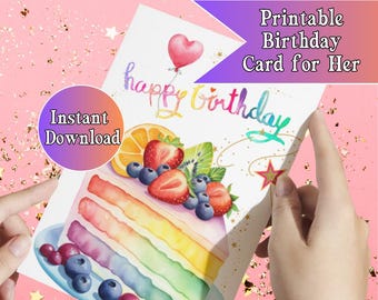 Birthday Cards For Her, Printable, Rainbow Birthday cake, Digital Download, Happy Birthday Card, Cute Birthday Card, Instant download