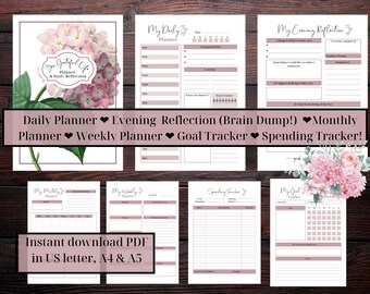 May include: A collection of printable planner pages in a soft pink and white color scheme. The pages include a daily planner, evening reflection, monthly planner, weekly planner, goal tracker, and spending tracker. The text "Instant download PDF in US letter, A4 & A5" is also visible.