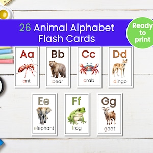 Alphabet Animal Flash Cards Printable, Educational Learning Cards, Kids Toddler Preschool, ABC Flashcards, Digital Download