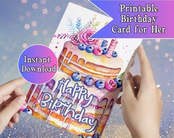 Birthday Cards For Her, Printable, Birthday cake, Digital Download, Happy Birthday Card, Cute Birthday Card, Celebrate, Instant download